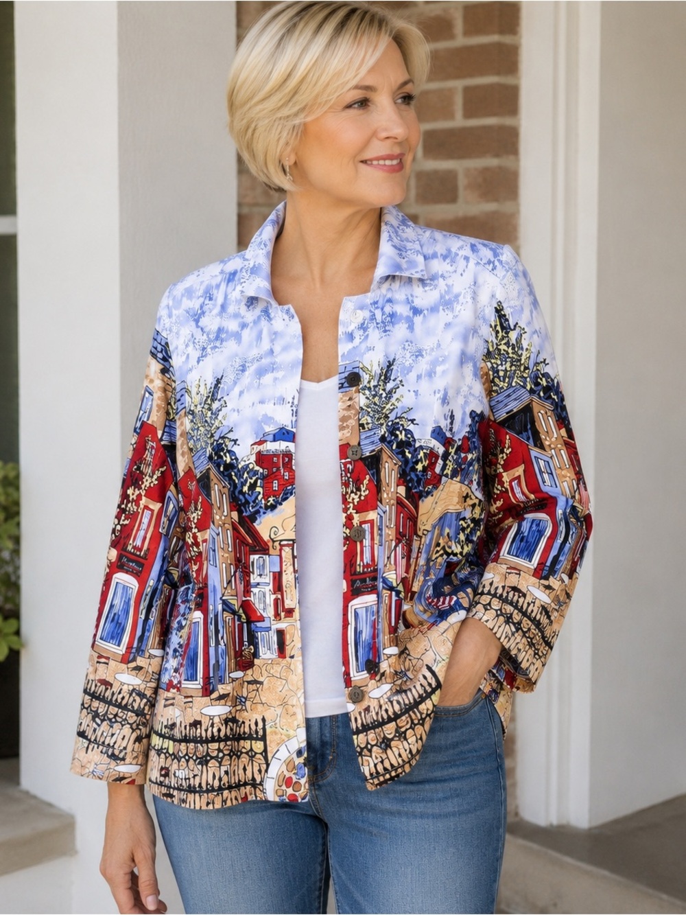 CJ Banks 2X Plus Size Art Print Cotton Jacket Lightweight Button Front Blaze